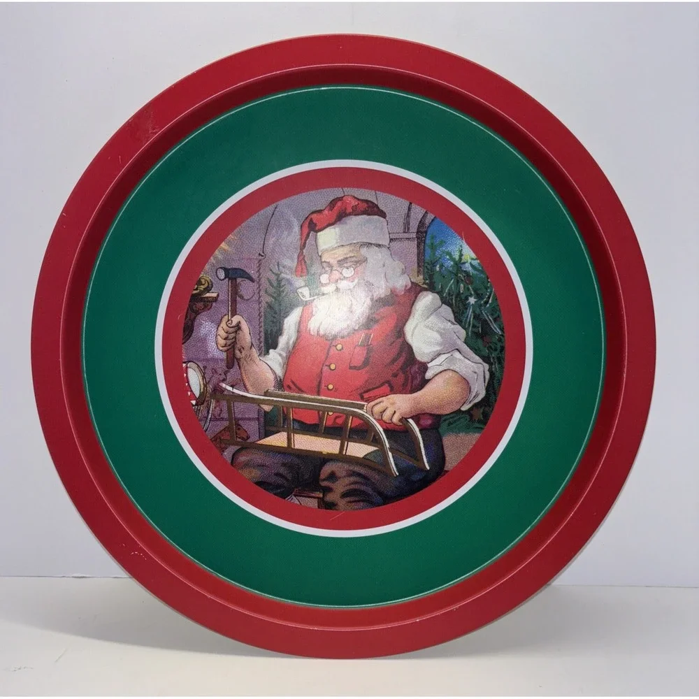 Holiday Christmas Cookie Tin Tray, Santa Making  Toys 12